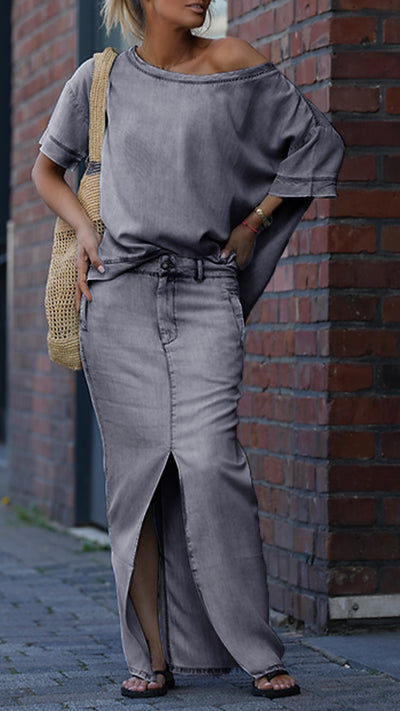 Dámský casual oblek s kulatým výstřihem a denimu Tencel