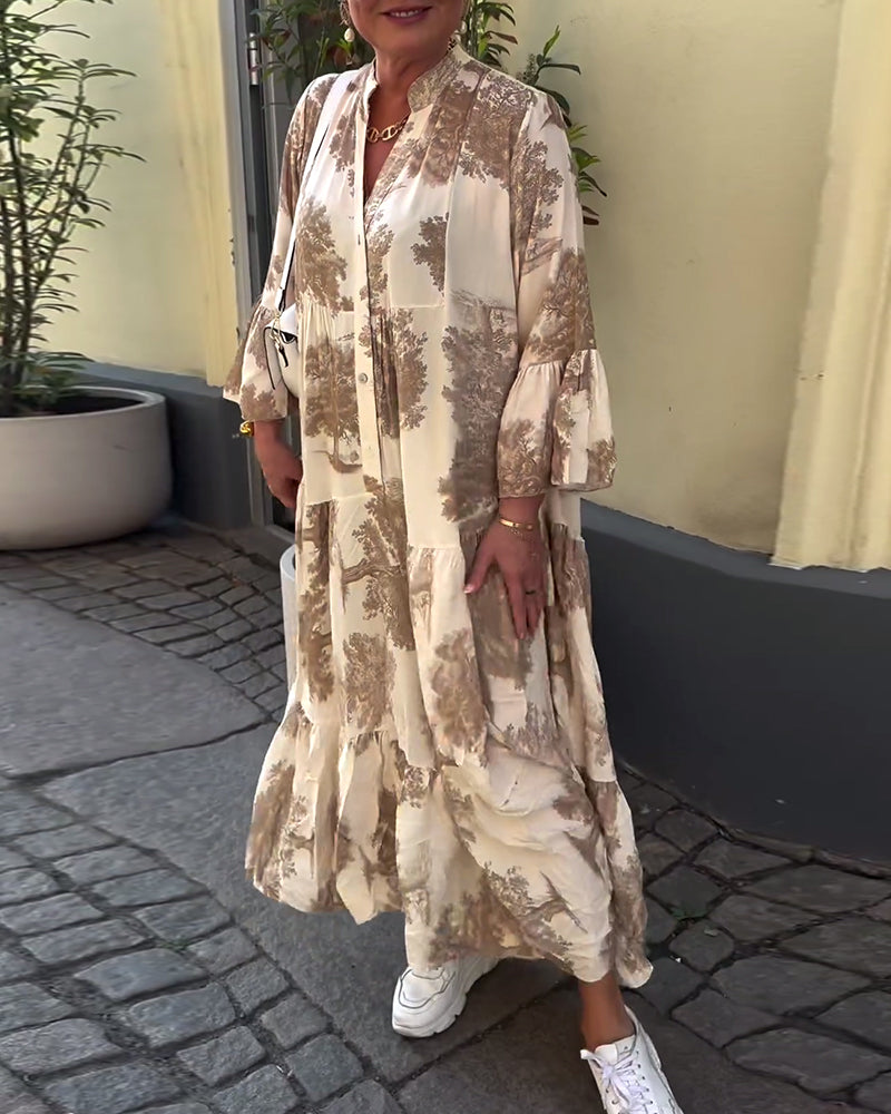 Eliana | Dlouhé šaty s V-výstřihem, zvonovými rukávy a květinovým vzorem