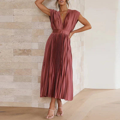 Katrina | Midi plisovaná šaty s výstřihem do V a elegantními krátkými rukávy