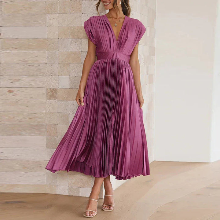 Katrina | Midi plisovaná šaty s výstřihem do V a elegantními krátkými rukávy