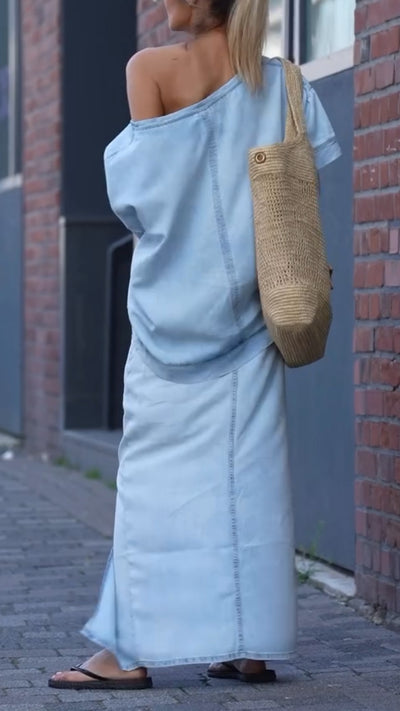 Dámský casual oblek s kulatým výstřihem a denimu Tencel