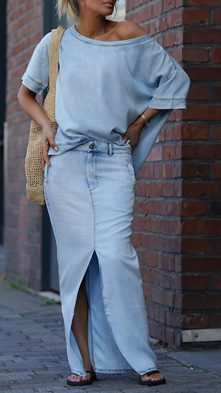 Dámský casual oblek s kulatým výstřihem a denimu Tencel