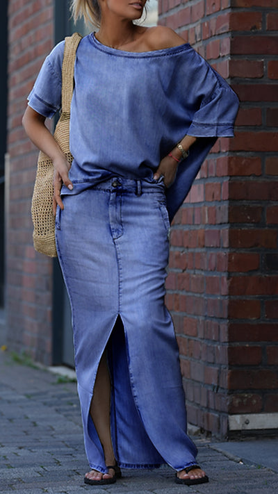 Dámský casual oblek s kulatým výstřihem a denimu Tencel