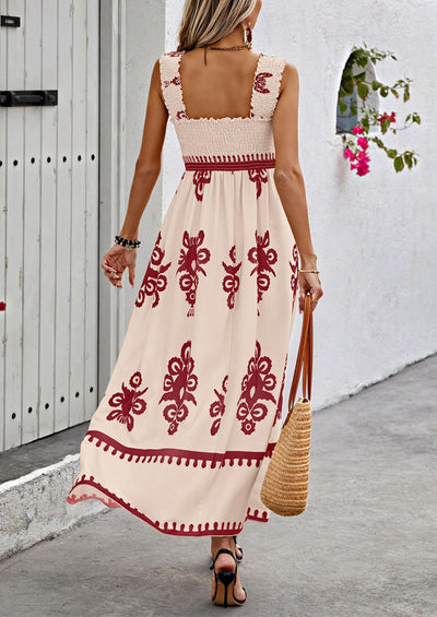 Dámské letní boho maxi šaty, volné bez rukávů, čtvercový výstřih, květinové, s kapsami