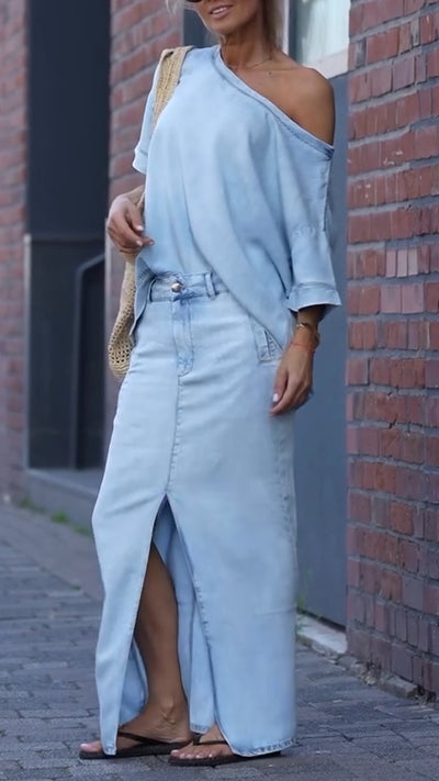Dámský casual oblek s kulatým výstřihem a denimu Tencel