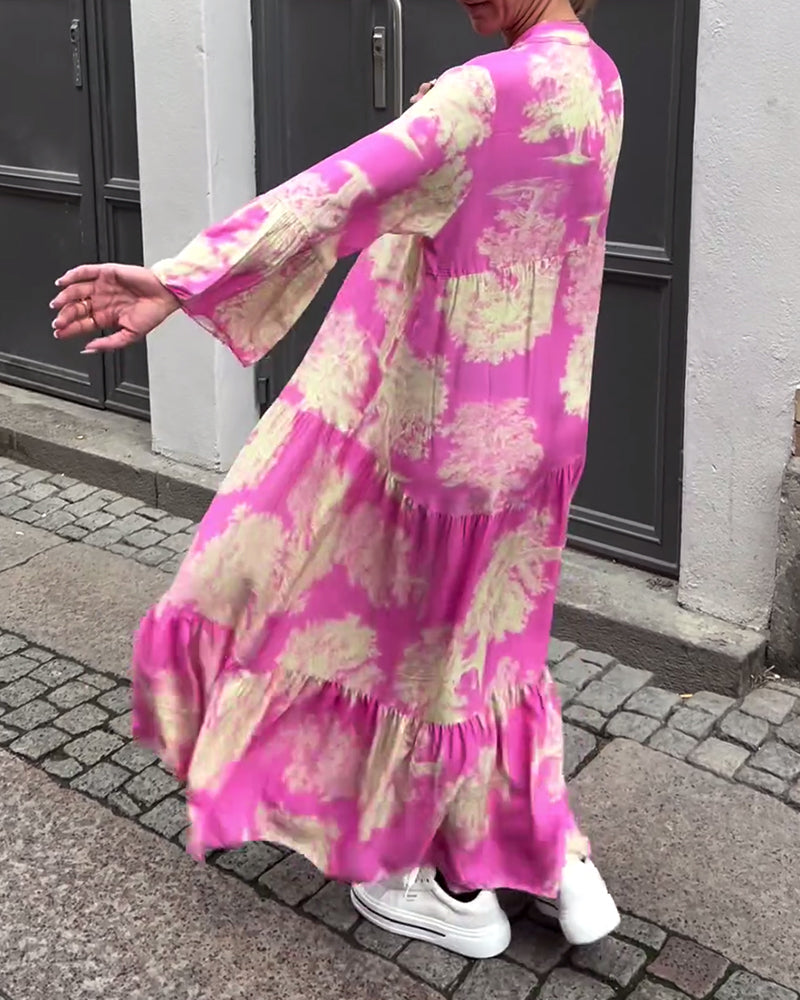 Eliana | Dlouhé šaty s V-výstřihem, zvonovými rukávy a květinovým vzorem