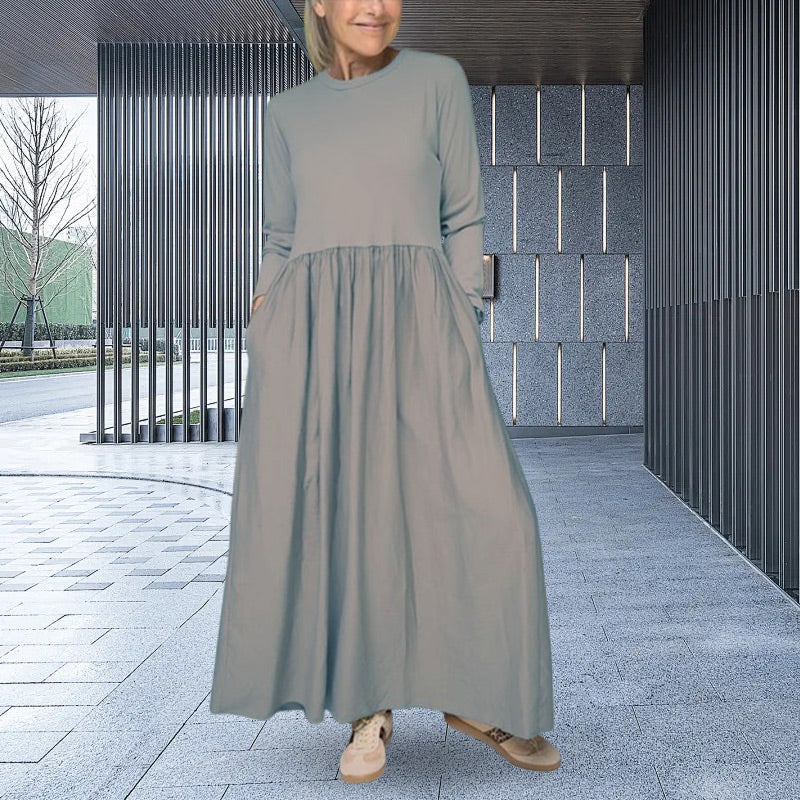 Eliška Elegante – Minimalistické Maxi Šaty s Dlouhými Rukávy a Kapsami