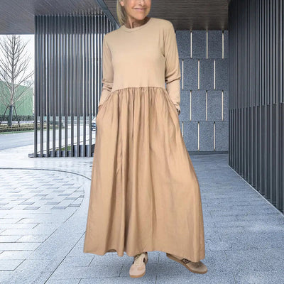 Eliška Elegante – Minimalistické Maxi Šaty s Dlouhými Rukávy a Kapsami
