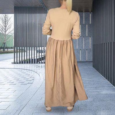 Eliška Elegante – Minimalistické Maxi Šaty s Dlouhými Rukávy a Kapsami