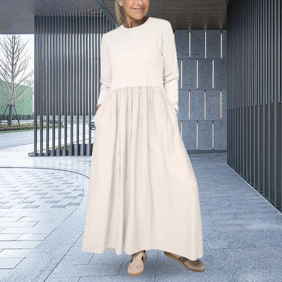 Eliška Elegante – Minimalistické Maxi Šaty s Dlouhými Rukávy a Kapsami