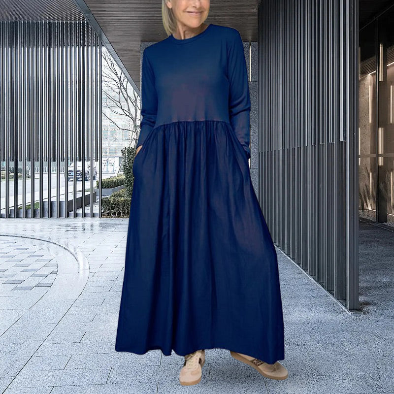 Eliška Elegante – Minimalistické Maxi Šaty s Dlouhými Rukávy a Kapsami