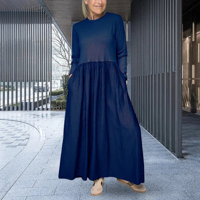Eliška Elegante – Minimalistické Maxi Šaty s Dlouhými Rukávy a Kapsami