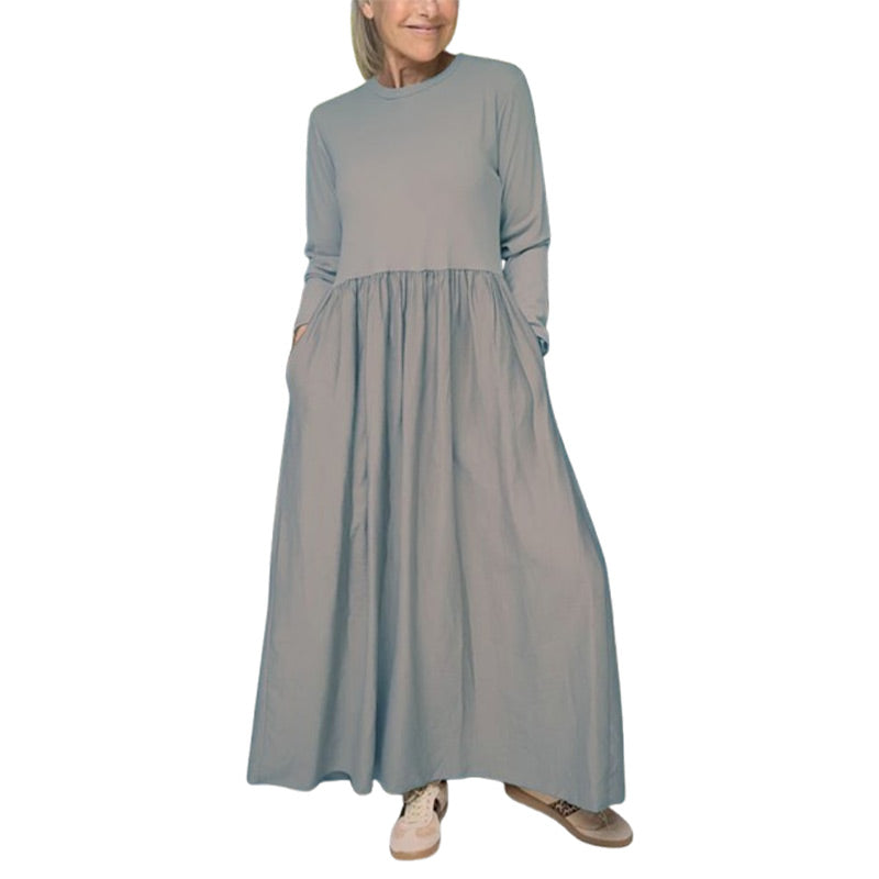 Eliška Elegante – Minimalistické Maxi Šaty s Dlouhými Rukávy a Kapsami