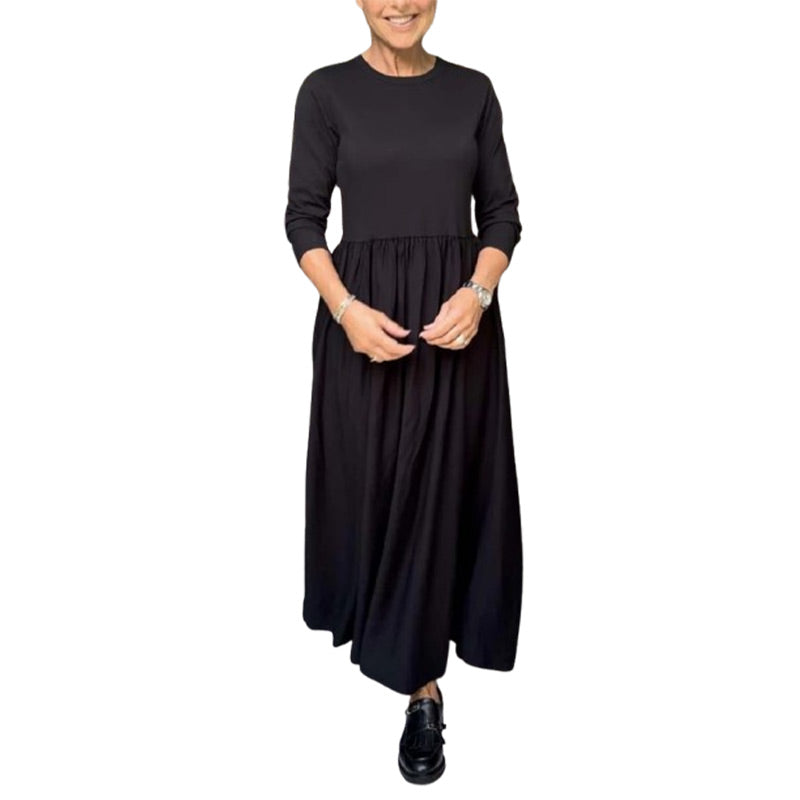 Eliška Elegante – Minimalistické Maxi Šaty s Dlouhými Rukávy a Kapsami