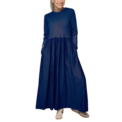 Eliška Elegante – Minimalistické Maxi Šaty s Dlouhými Rukávy a Kapsami